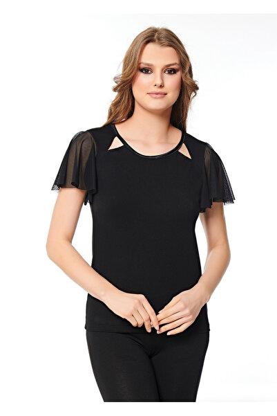 Belinay 8065 Kolları Tül, Bisiklet Yaka Kadın T-shirt