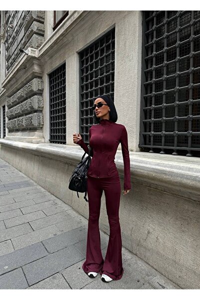 NEW JOURNAL طقم سترة وبنطلون ضيق نسائي باللون العنابي YEL221635