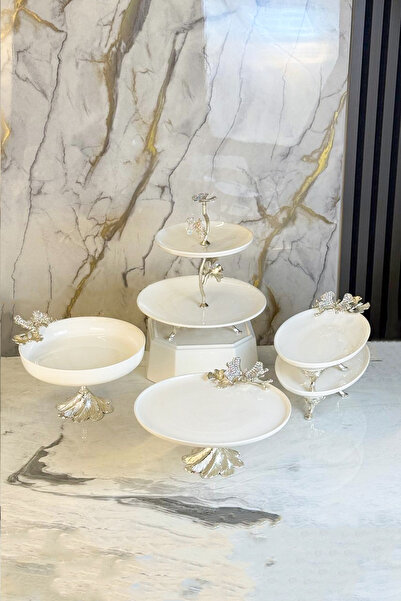 MAY HOME طقم تقديم من البورسلين مكون من حواف أسطوانية قطع بتصميم فراشة مرصعة ...