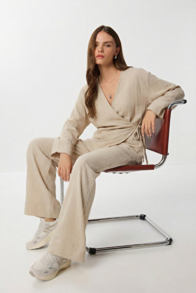 Lovelyİstanbul Tie-Dye Detailed Muslin Kimono Set Lzh0020 Beige