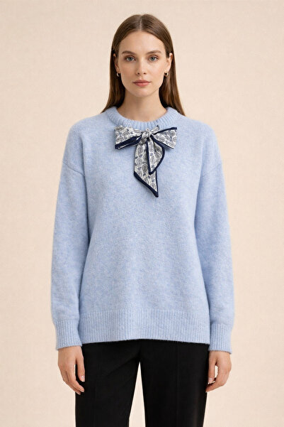 Kirazgym Women's Soft Collared Sweater with Scarf Detail - Baby Blue