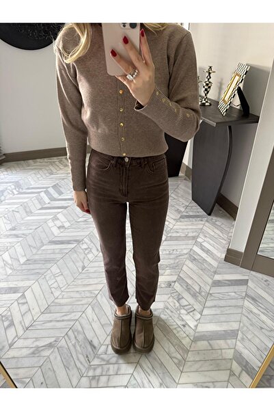 CKBUTİK Kahverengi Retro Yıkamalı Kesik Paçalı Boyfit Jean