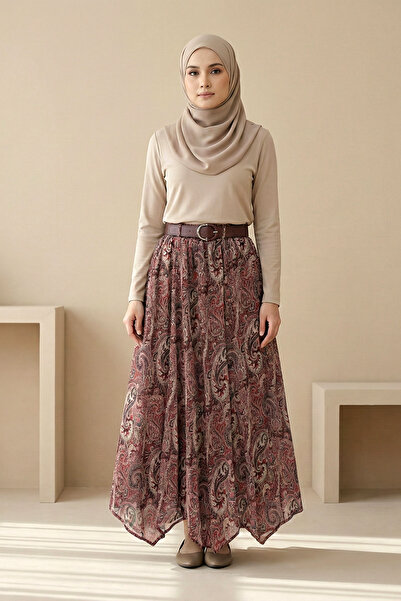 Kirazgym Women's Lined, Asymmetrical Cut Chiffon Skirt with Belt - Burgundy