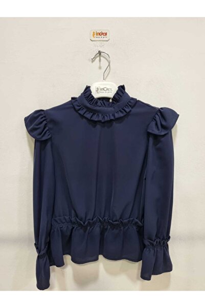 incity Girl's Ruffled New Season Navy Blue Blouse with Elastic Waist