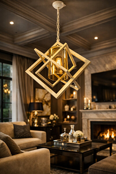 Avize Geometrik Küp Sarkıt | Gold Metal Gövde & Amber Cam | Modern – Luxury Stil