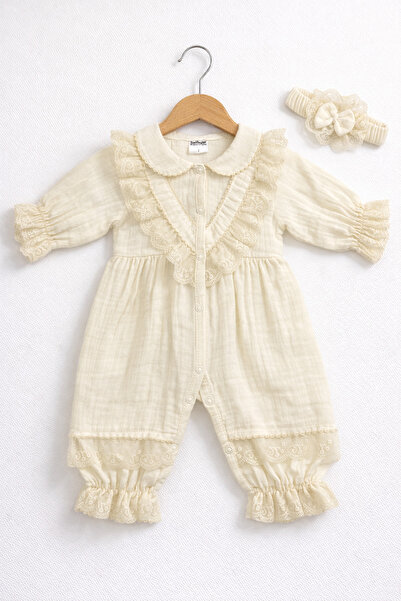 Kardeşler Bebe Collared Lace Baby Girl Romper with Snap Fasteners and Headband