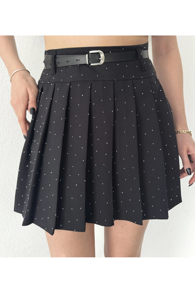 asfamoda Дамски черни шорти с камъни и подплата с блясък и пола с колан и пли...