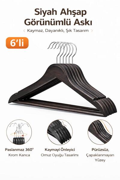Dory 6 Adet Ahşap Görünümlü Elbise Ve Kıyafet Askısı - Siyah Askı