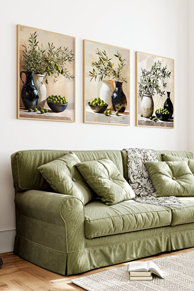 kutuTR Ahşap Çerçeveli 2D UV Baskı 3'lü Tablo set–Zeytin Dalı Ve Yeşil Zeytin...