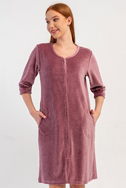 VİENETTA Women's Velvet Fabric Zippered Capri Sleeve Home Dress Nightgown C5T...