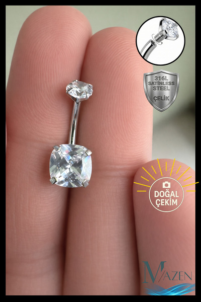 MAZEN Cushion Kesim Baget Taşlı Göbek Piercing | Gümüş Renk | 316L Çelik | Ka...