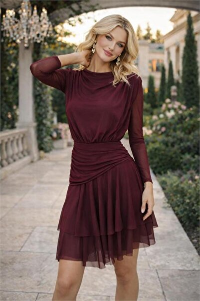Neşeli Butik Women's Burgundy Chiffon Fabric Corsage Mini Length Long Sleeve ...