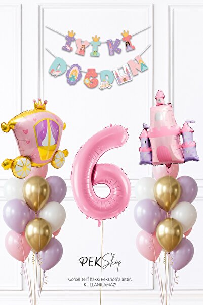 PEKSHOP Prenses Konsept 6 Yaş Doğum Günü Bannerlı Folyo Balonlu Balon Zinciri...