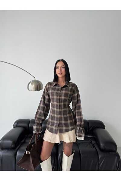 MODAMERSİ Women's Brown Lace Detailed Tie-Back Shirt