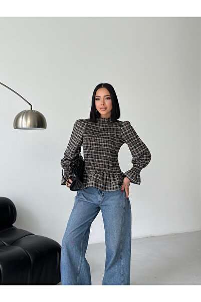 LE CARAMBOLE Women's Brown Plaid Patterned Gipeli Ruffle Detailed Blouse