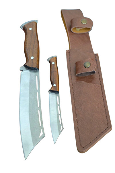 MERTCAN KNİFE 2'li Özel Tasarım Kamp ve Doğa Seti - Kahverengi Deri Kılıflı P...