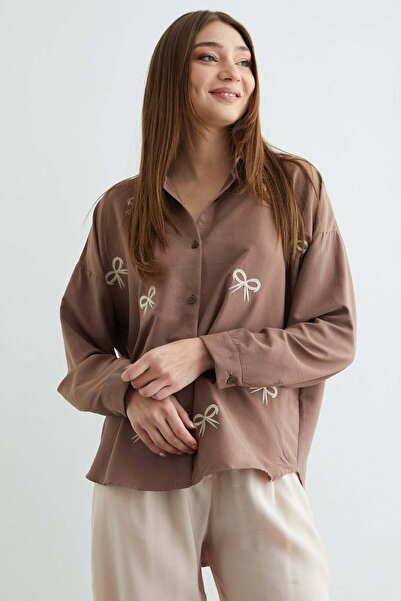 Fulla Moda Bow Embroidered Oversized Shirt
