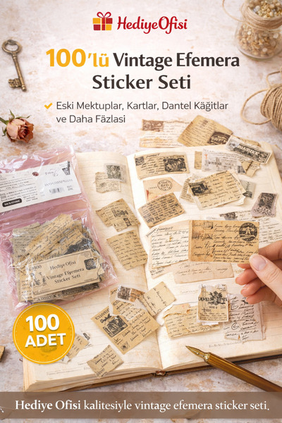 hediyeofisi Hediye Ofisi 100’lü Vintage Ephemera Sticker Seti – Scrapbook, Bu...