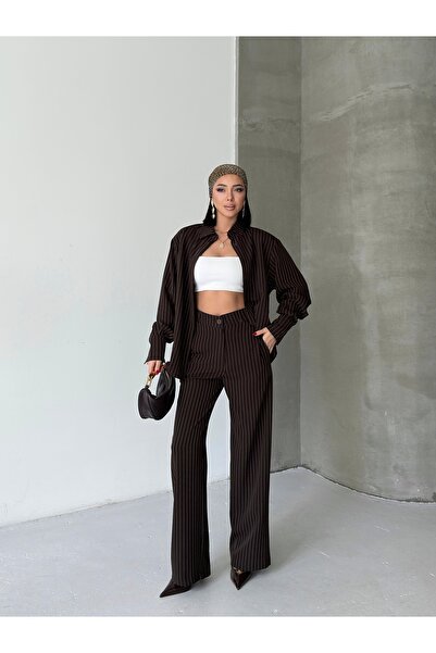 LE CARAMBOLE Women's Brown Striped Oversized Shirt and Trouser Set