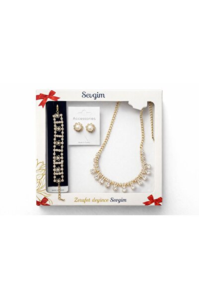 MİHRES ÇELİK TAKI SETİ KRİSTAL TAŞ DETAYLI KOLYE KÜPE BİLEKLİK 3'LÜ SET ŞIK D...