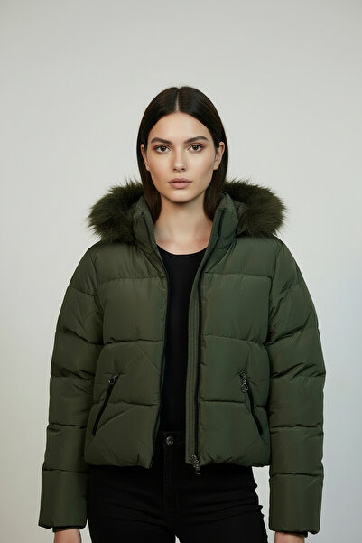 THE WOOW Women's Fur Hooded Green Short Puffer Coat - Winter, with Pockets