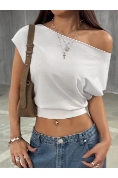 npLStore Women's Short Sleeve Boat Neck Thick Ribbed Crop T-Shirt