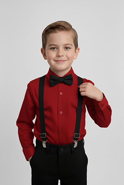 Merdia Kids Cămașă roșie cu mânecă lungă și costum negru cu papion pentru băieți