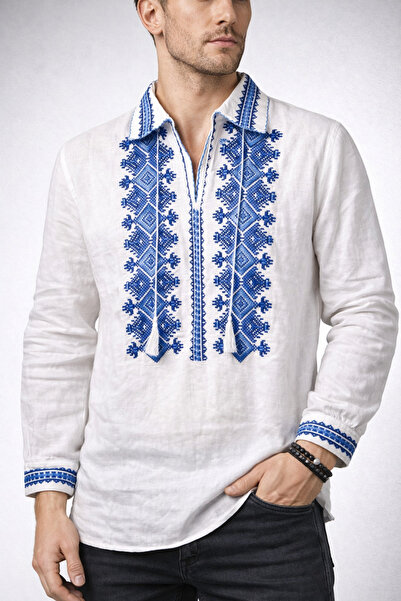 Nobrand Traditional Men's White Shirt with Blue Embroidery – Romanian Folk Shirt