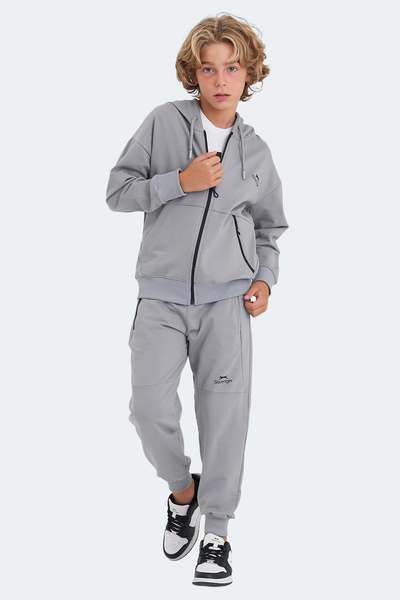 Slazenger Local in Unisex Kids' Zippered Hooded Pocket Stone Gray Tracksuit Set