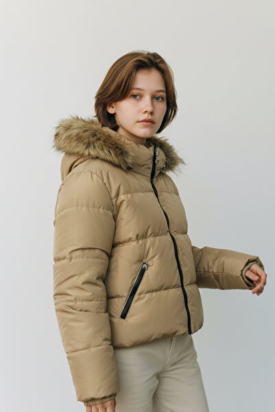 THE WOOW Women's Fur Hooded Beige Short Puffer Coat - Winter, with Pockets