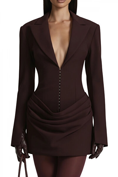 VİSKALİ Kadın Ceket Tasarım Premium Kapama Detaylı Kahverengi Mini Elbise