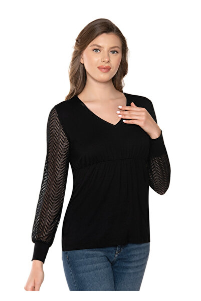 Belinay 8534 Beli Büzgülü V Yaka Kolları Dantel Ve Manşetli Uzun Kollu Kadın ...