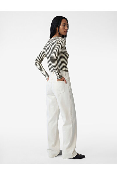 Koton Slim Fit Long Sleeve Cuffed Button Detail Crew Neck Striped T-Shirt