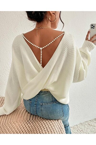 TOFAN TRİKO Pearl Chain Detail Open Back Knit Sweater