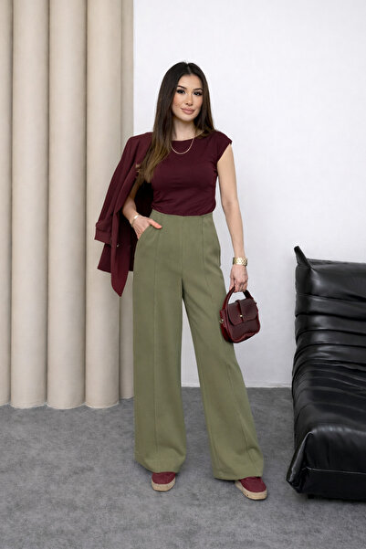 Hatun Atila High Waist Wide Leg Trousers with Internal Elastic and Grass Deta...