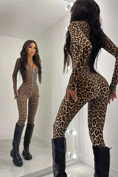 Viyamo Yeni Sezon Kadın Uzun Kollu Önden Fermuarlı Parmaktan Geçmeli Leopar D...