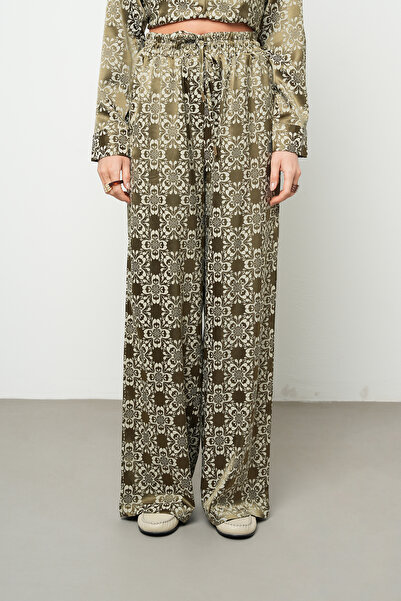 Orfeo Negro Women's Mystical Khaki Geometric Floral Patterned Silky Satin Loo...