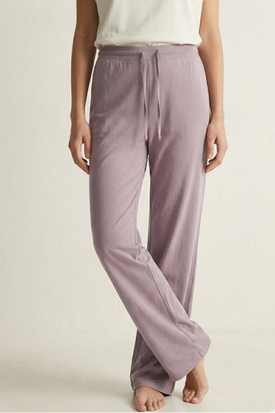 Elemge 100% Cotton Single Jersey Compact Combed Cotton Fabric Women's Pajama Bottoms Loose Fit Lilac Wide Leg Drawstring Anti-Sweat Bottoms Without Pockets Breathable