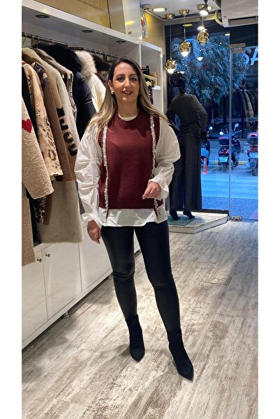 Aska Butik Süveter Detaylı Beyaz Volan Kollu Gömlek