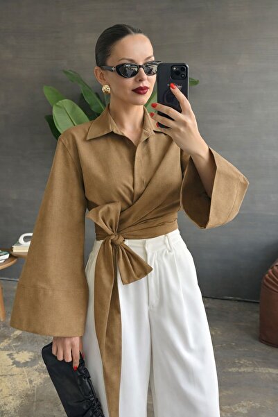 GOOD&DESS Women's Spanish Sleeve Tie-Waist Belted Shirt Inci