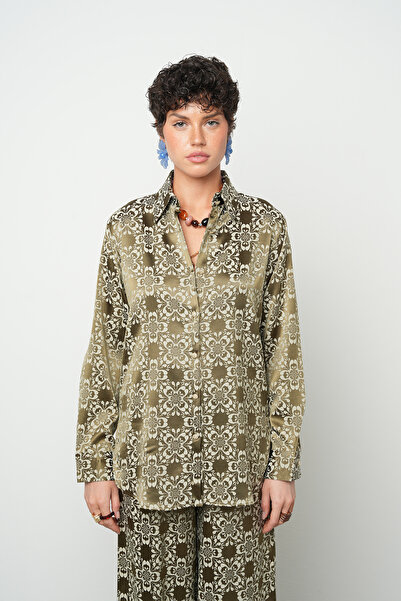 Orfeo Negro Women's Mystical Khaki Geometric Floral Patterned Silky Satin Fle...