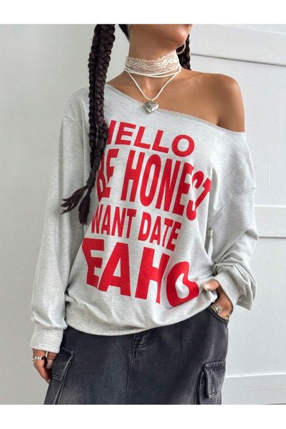 OVER HEAD سويت شيرت نسائي من Hello Be Honest مطبوع برقبة قاربية قصة فضفاضة
