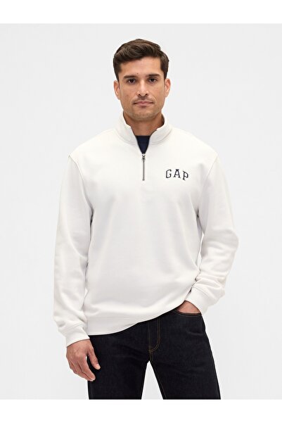 GAP Erkek Beyaz Relaxed Logo Yarım Fermuarlı Sweatshirt