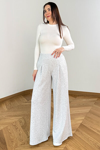 Cappmoda PNT-07426 Açık Gri Orta Piliseli Yüksek Bel Modal Pantolon