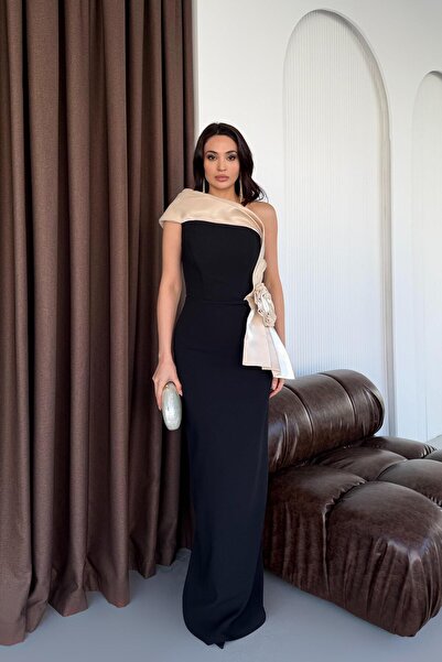 Serica Moda Beige Striped One-Shoulder Evening Dress with Rose Detail