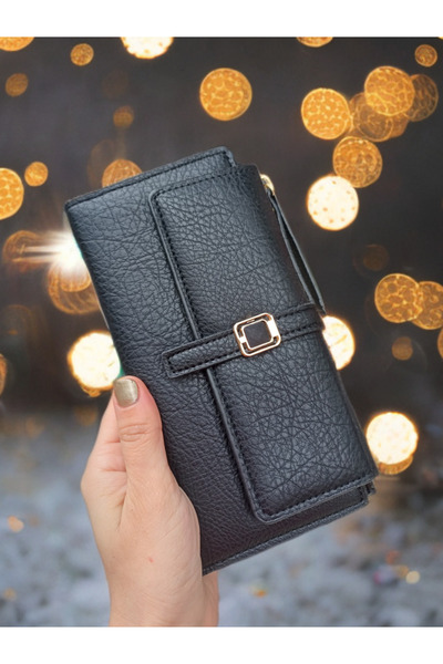 KY Kadın Siyah Cüzdan Kartlık A Kalite Yumuşak Deri Tokalı Büyük Boy