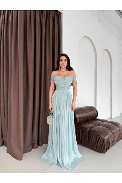 Serica Moda Rochie de seară plisată cu decolteu bărcuță, culoare mentă