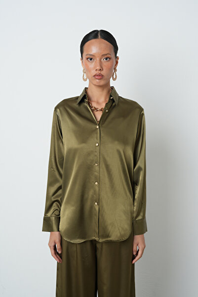 Orfeo Negro Women's Khaki Silky Satin Flexible Flowy Plain Shirt