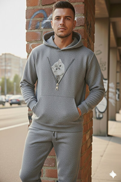 WOODROFFE Zippered Cat Printed Oversized Hooded Tracksuit Set Loose Fit