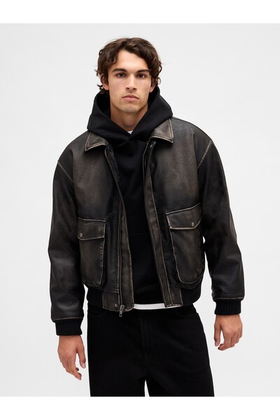 GAP Erkek Siyah Recycled Vegan Deri Bomber Ceket
